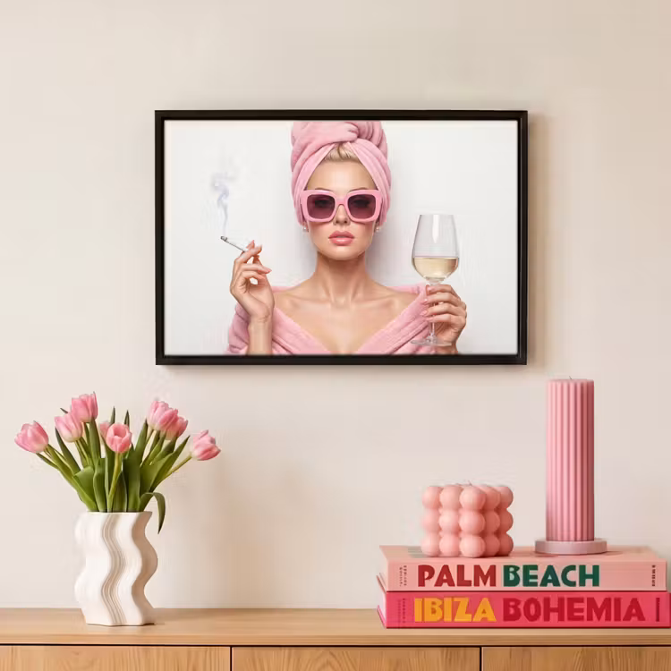 Canvas met lijst - Vrouw - Roze - Wijn - Zonnebril — 8