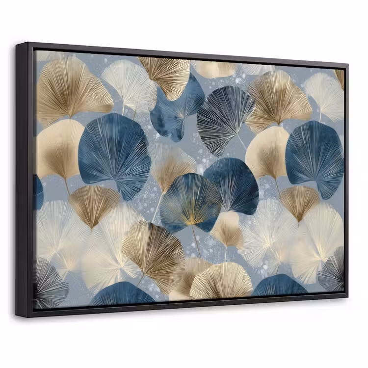 Canvas met lijst - Bladeren - Abstract - Goud - Blauw — 1