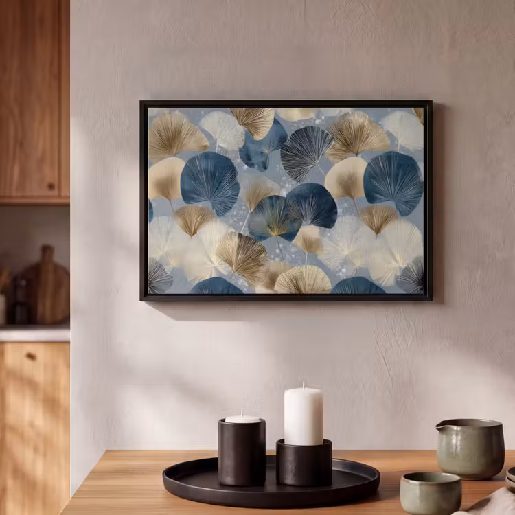 Canvas met lijst - Bladeren - Abstract - Goud - Blauw — 2
