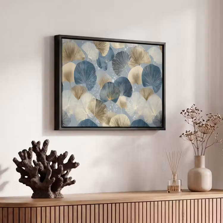 Canvas met lijst - Bladeren - Abstract - Goud - Blauw — 6