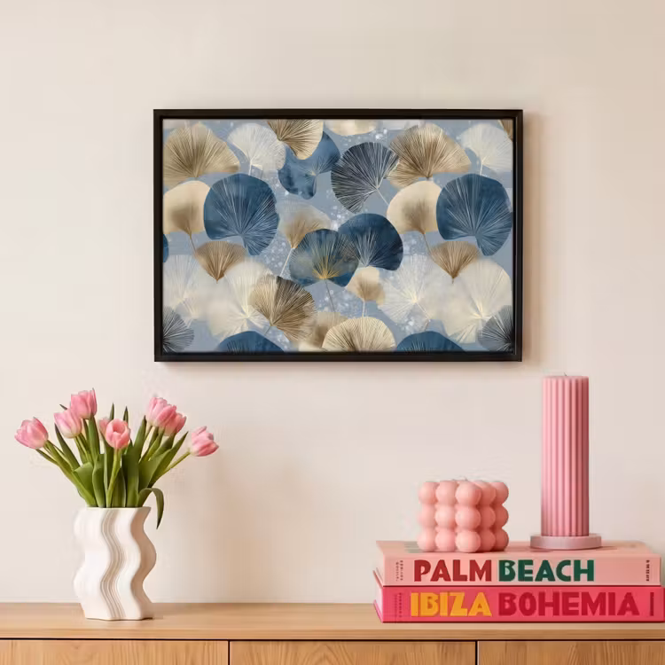 Canvas met lijst - Bladeren - Abstract - Goud - Blauw — 8