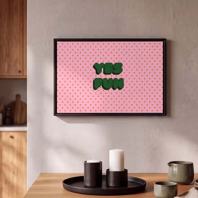 Canvas met lijst - Yes fun - Groen - Roze - Stippen — 2