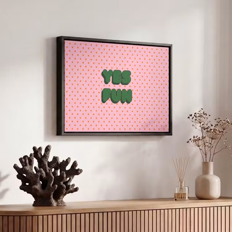 Canvas met lijst - Yes fun - Groen - Roze - Stippen — 6