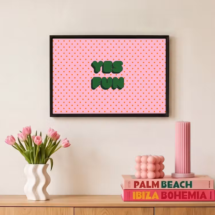 Canvas met lijst - Yes fun - Groen - Roze - Stippen — 8