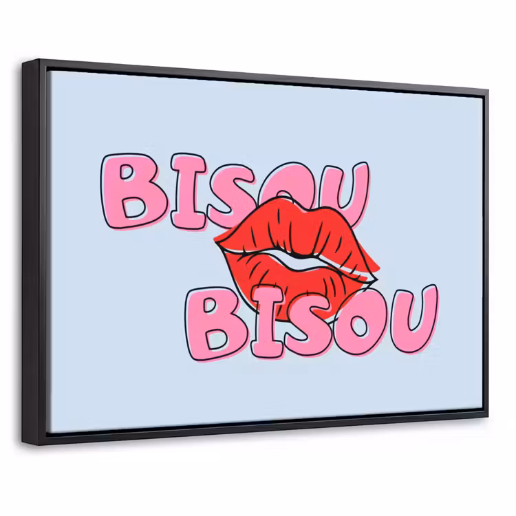 Canvas met lijst - Bisou - Blauw - Roze - Lippen — 1