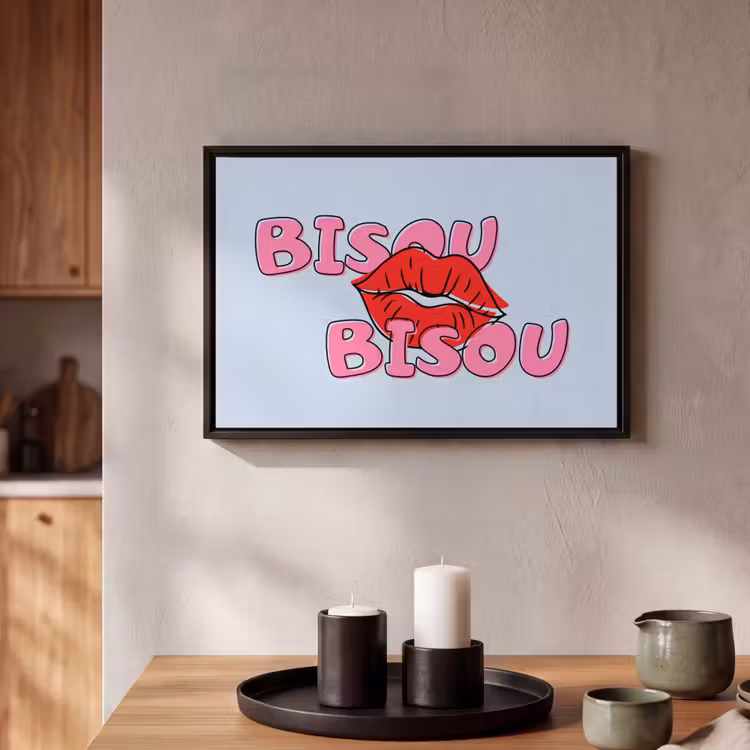 Canvas met lijst - Bisou - Blauw - Roze - Lippen — 2