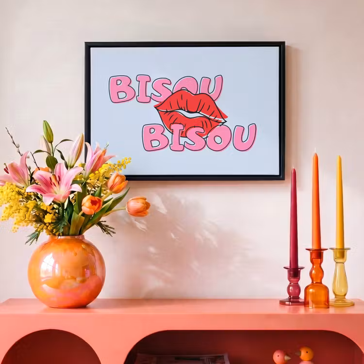 Canvas met lijst - Bisou - Blauw - Roze - Lippen — 4