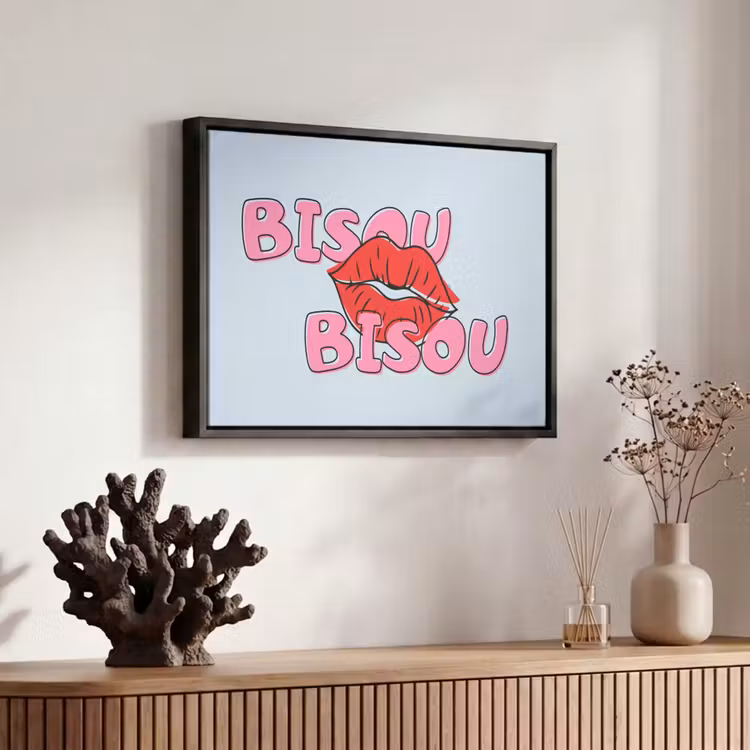 Canvas met lijst - Bisou - Blauw - Roze - Lippen — 6
