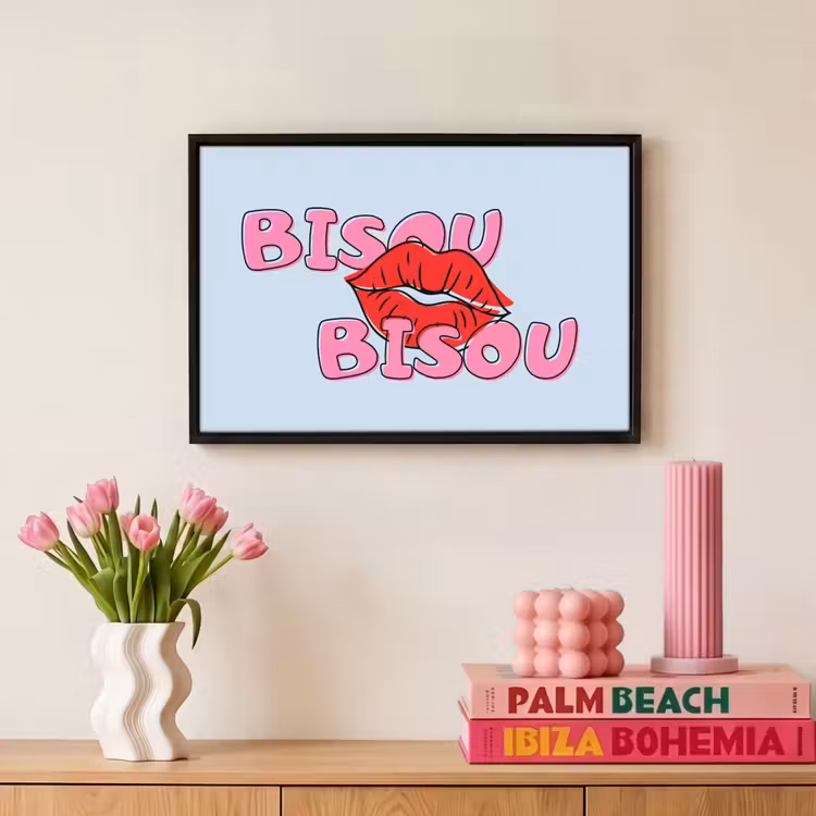 Canvas met lijst - Bisou - Blauw - Roze - Lippen — 8