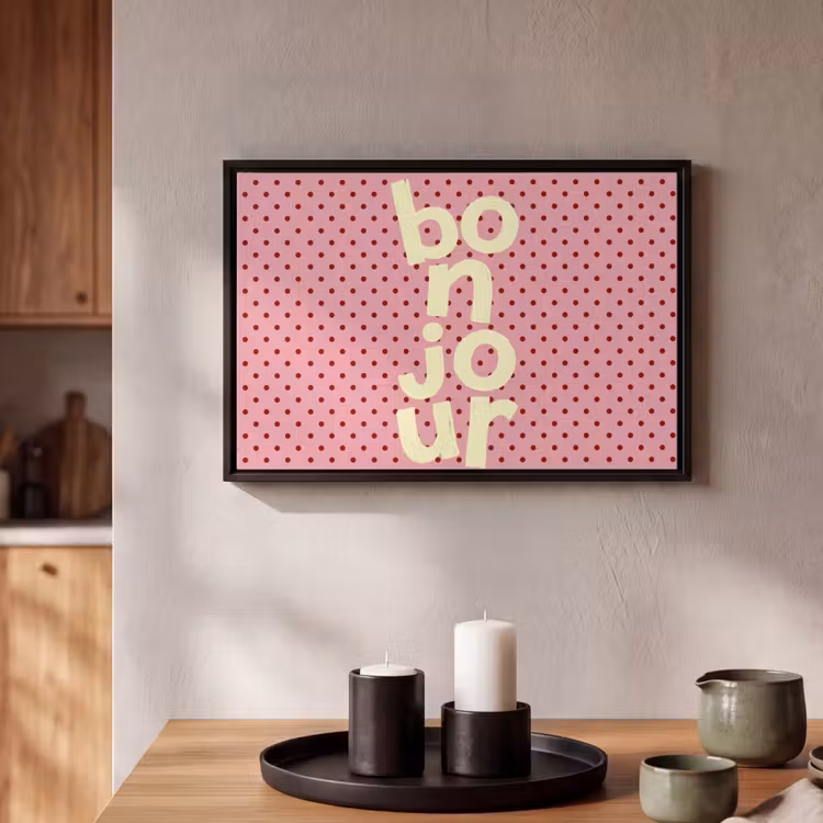 Canvas met lijst - Bonjour - Stippen - Roze- Geel — 2