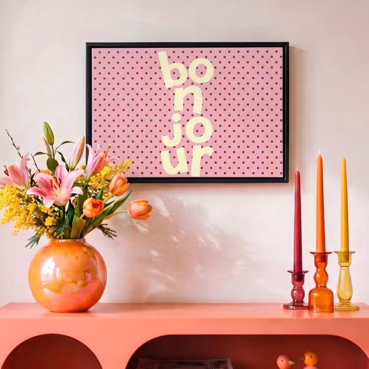 Canvas met lijst - Bonjour - Stippen - Roze- Geel — 4