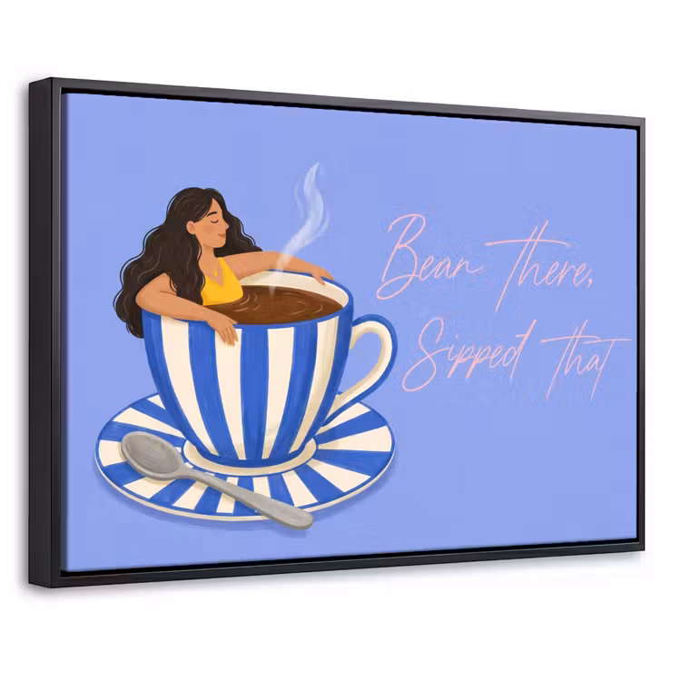 Canvas met lijst - Mok - Koffie - Vrouw - Paars — 1