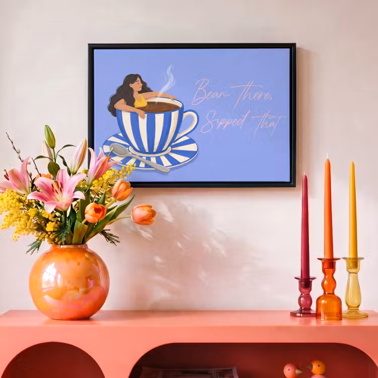 Canvas met lijst - Mok - Koffie - Vrouw - Paars — 4