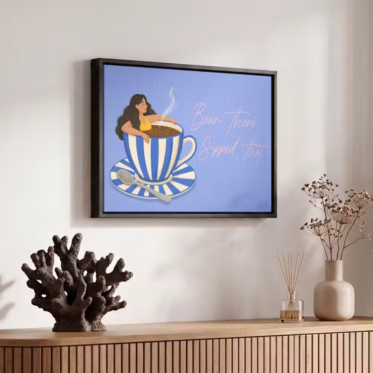 Canvas met lijst - Mok - Koffie - Vrouw - Paars — 6