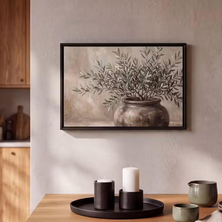 Canvas met lijst - Olijfplant - Aardenpot - Abstract - Beige — 2