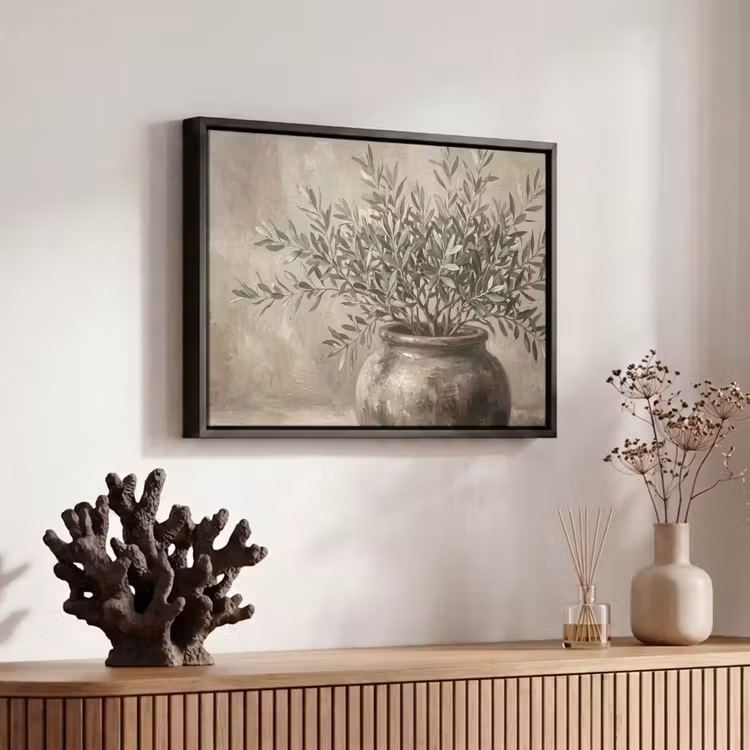 Canvas met lijst - Olijfplant - Aardenpot - Abstract - Beige — 6