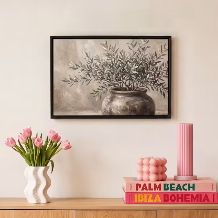 Canvas met lijst - Olijfplant - Aardenpot - Abstract - Beige — 8