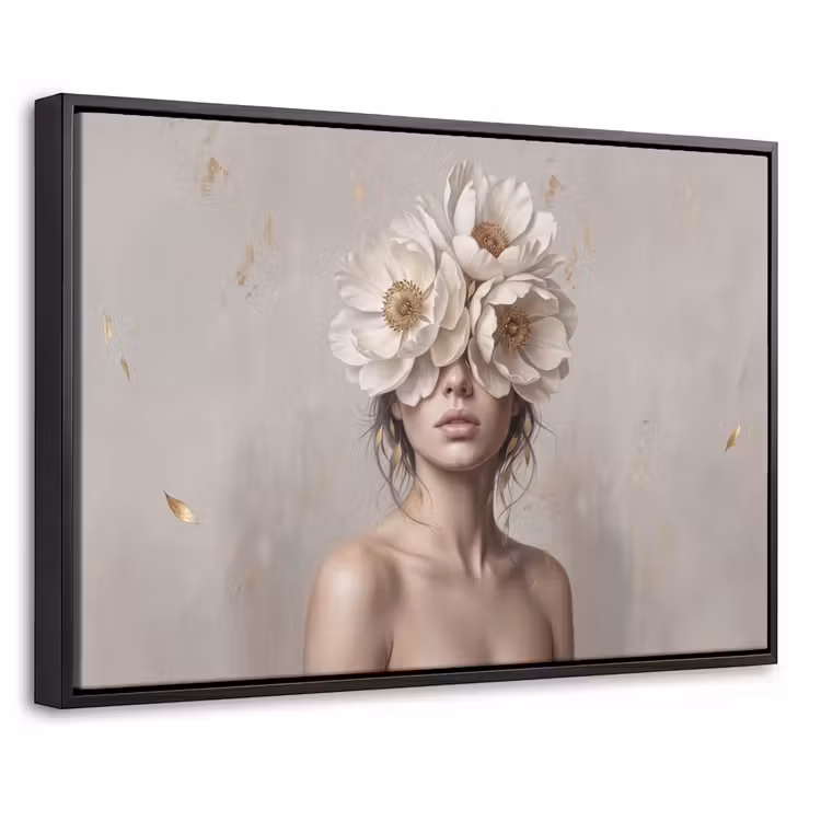 Canvas met lijst - Vrouw - Pioenroos - Wit — 1