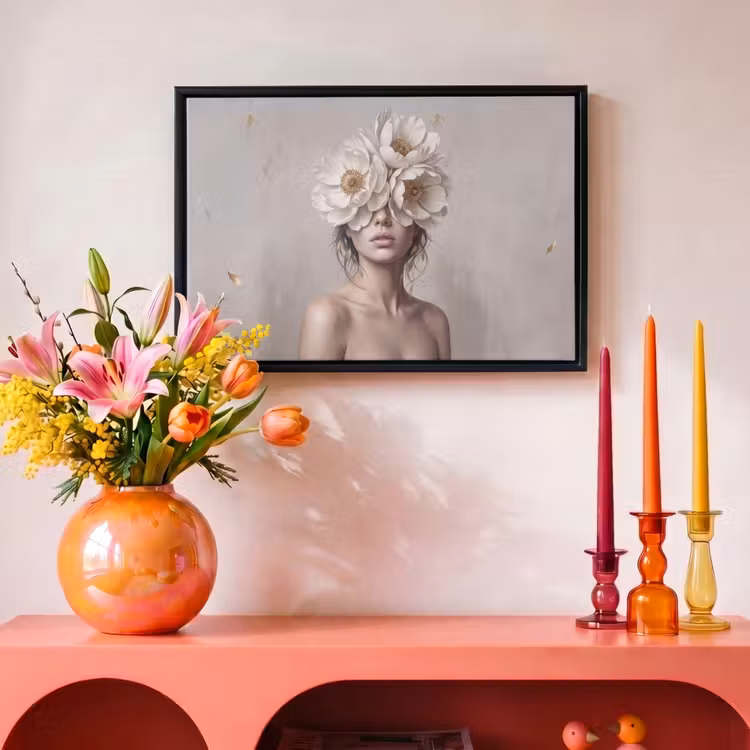 Canvas met lijst - Vrouw - Pioenroos - Wit — 4