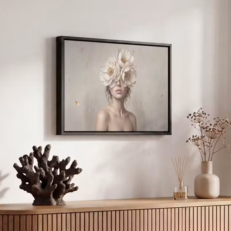 Canvas met lijst - Vrouw - Pioenroos - Wit — 6