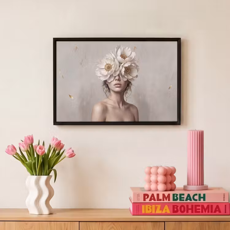 Canvas met lijst - Vrouw - Pioenroos - Wit — 8
