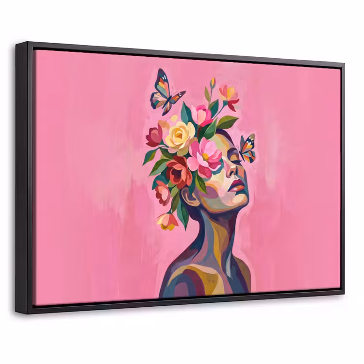 Canvas met lijst - Vrouwengezicht - Vlinders - Kleurrijk — 1