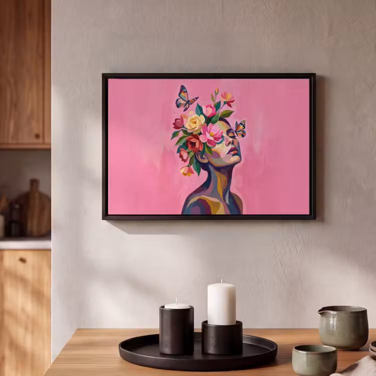 Canvas met lijst - Vrouwengezicht - Vlinders - Kleurrijk — 2