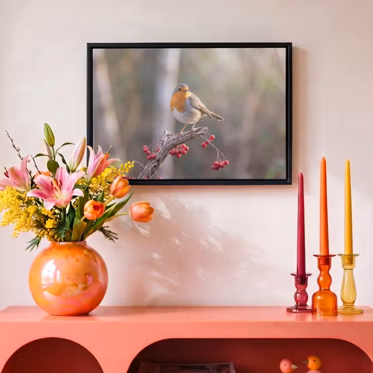 Canvas met lijst - Roodborst - Tak - Bessen - Natuur — 4
