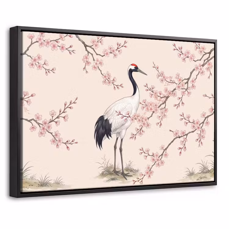 Canvas met lijst - Aziatisch - Kraanvogel - Beige — 1