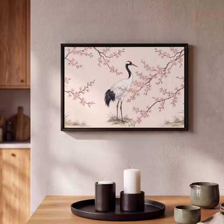 Canvas met lijst - Aziatisch - Kraanvogel - Beige — 2