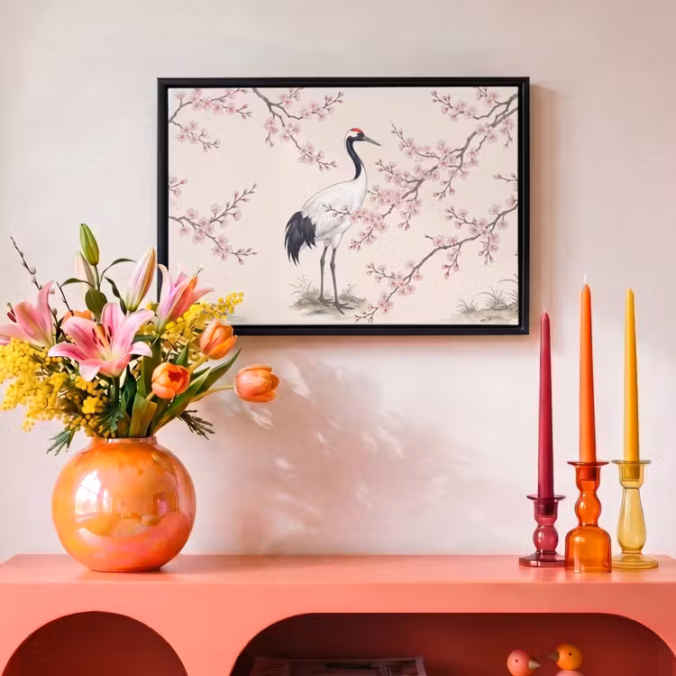 Canvas met lijst - Aziatisch - Kraanvogel - Beige — 4