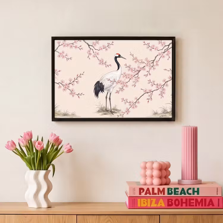 Canvas met lijst - Aziatisch - Kraanvogel - Beige — 8