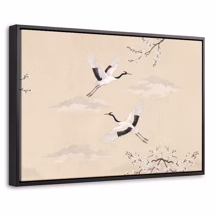 Canvas met lijst - Kraanvogels - Bloesem - Beige — 1