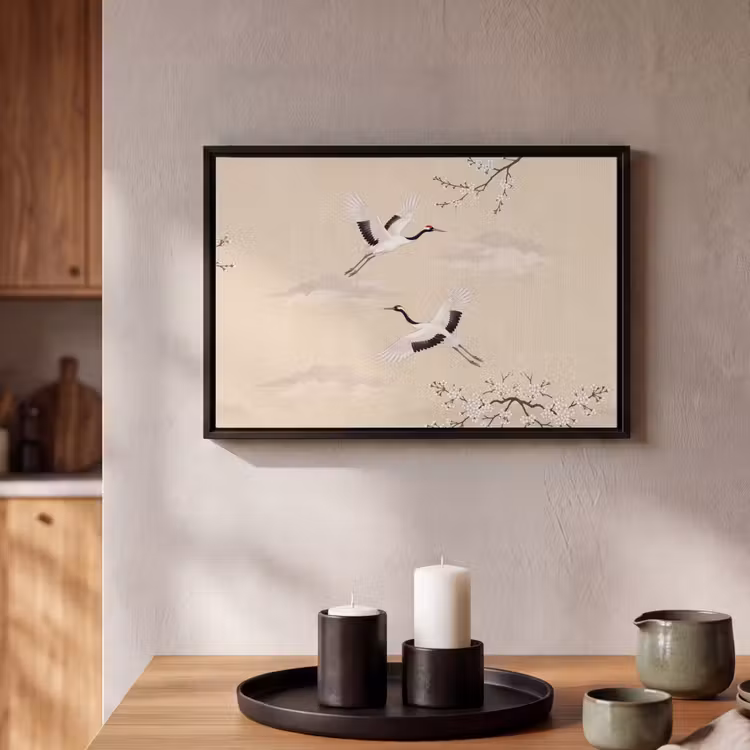 Canvas met lijst - Kraanvogels - Bloesem - Beige — 2