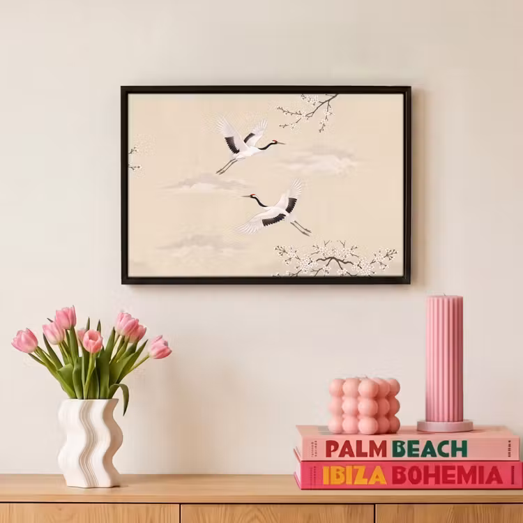 Canvas met lijst - Kraanvogels - Bloesem - Beige — 8