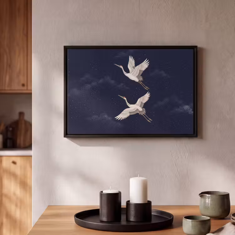 Canvas met lijst - Kraanvogels - Nachthemel - Blauw — 2