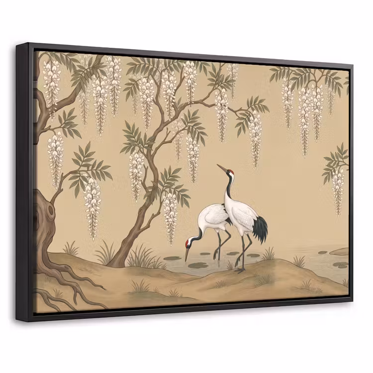 Canvas met lijst - Kraanvogels - Water - Beige — 1