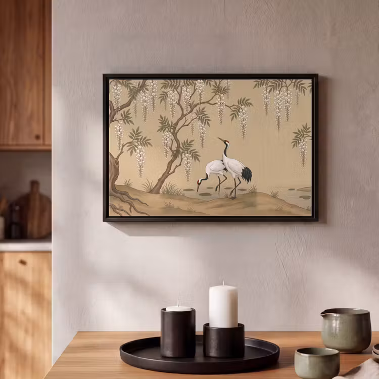 Canvas met lijst - Kraanvogels - Water - Beige — 2