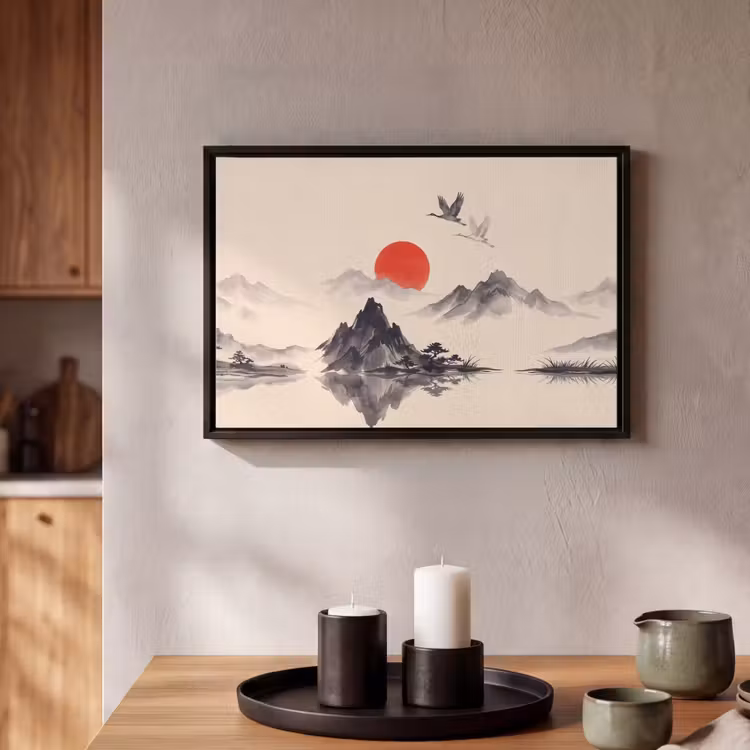 Canvas met lijst - Oosters - Kraanvogels - Landschap — 2