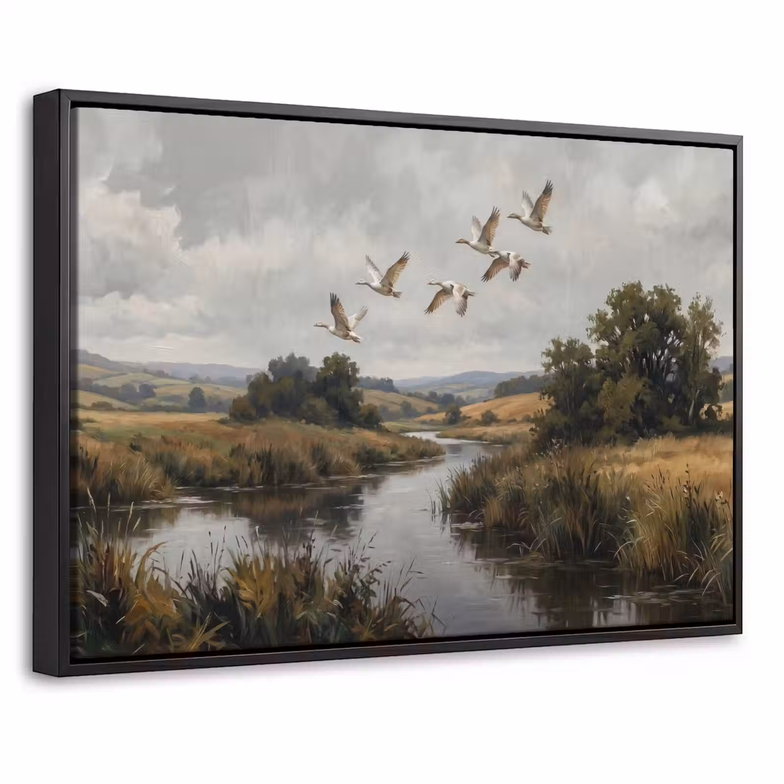 Canvas met lijst - Eenden - Rivier - Landschap - Vlucht - Nostalgisch — 1