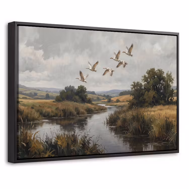 Canvas met lijst - Eenden - Rivier - Landschap - Vlucht - Nostalgisch — 1