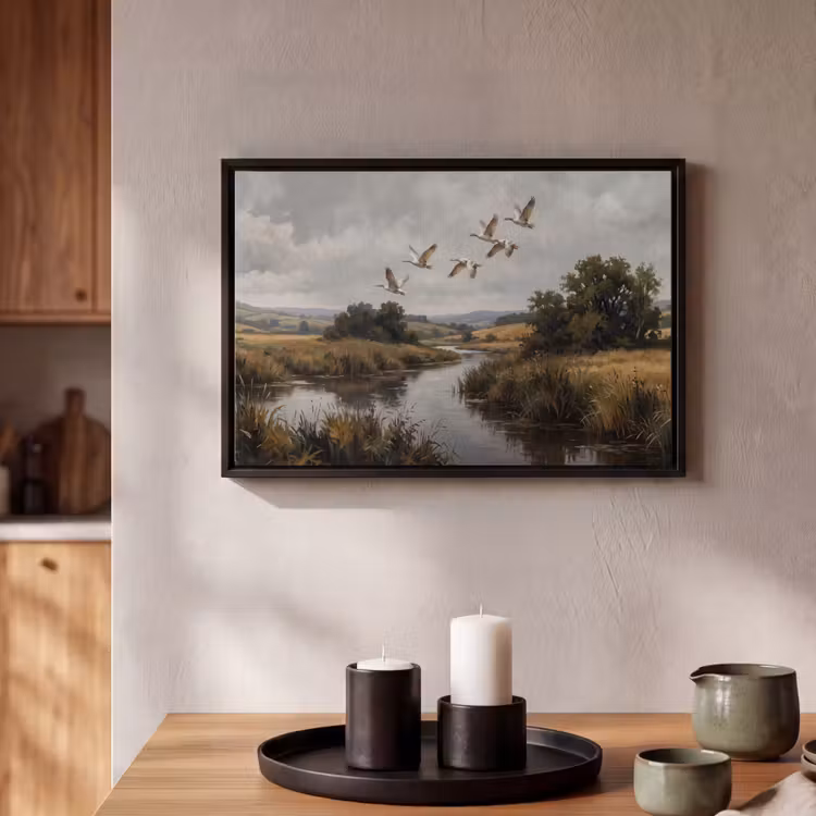Canvas met lijst - Eenden - Rivier - Landschap - Vlucht - Nostalgisch — 2