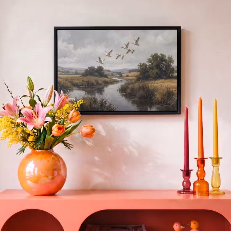 Canvas met lijst - Eenden - Rivier - Landschap - Vlucht - Nostalgisch — 4