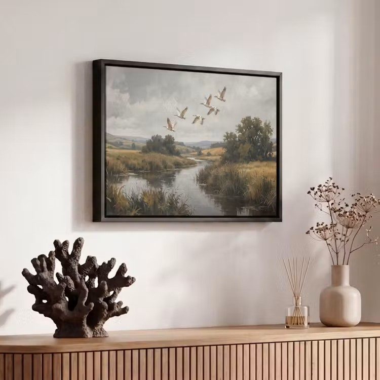 Canvas met lijst - Eenden - Rivier - Landschap - Vlucht - Nostalgisch — 6