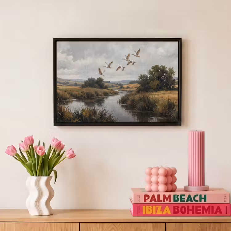 Canvas met lijst - Eenden - Rivier - Landschap - Vlucht - Nostalgisch — 8