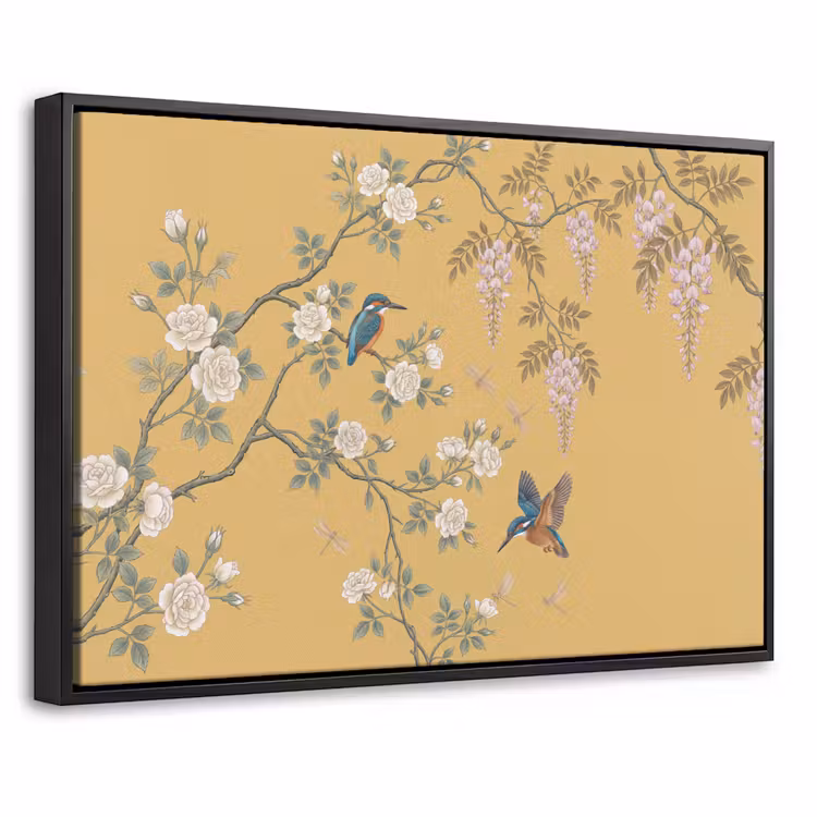 Canvas met lijst - IJsvogels - Bloesem - Geel — 1