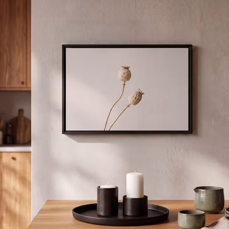 Canvas met lijst - Papaverbollen - Droogbloemen - Minimalistisch - Beige - Rustig — 2