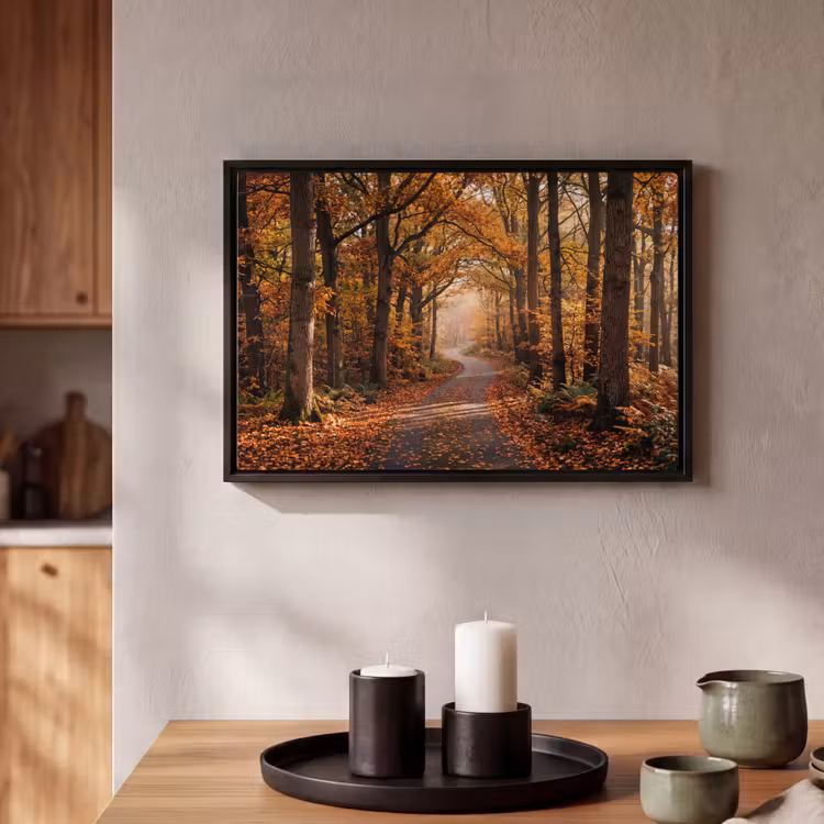Canvas met lijst - Bospad - Herfstbos - Bladeren - Oranje - Nostalgisch — 2