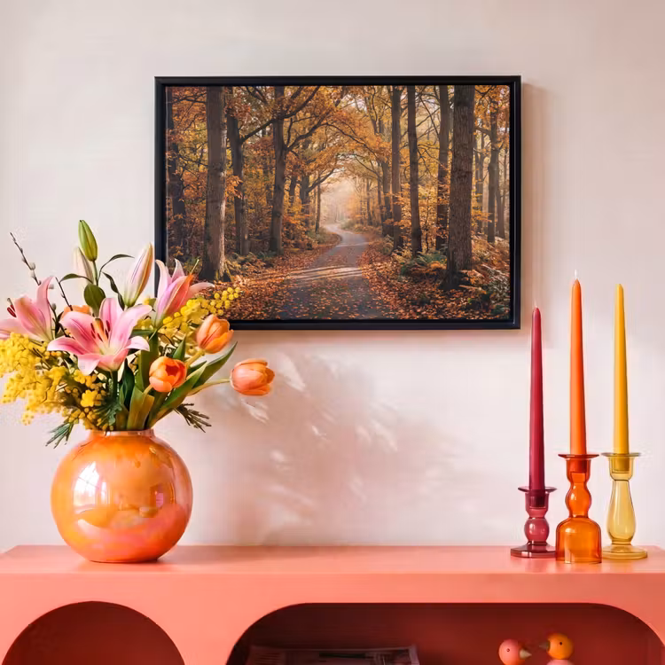 Canvas met lijst - Bospad - Herfstbos - Bladeren - Oranje - Nostalgisch — 4