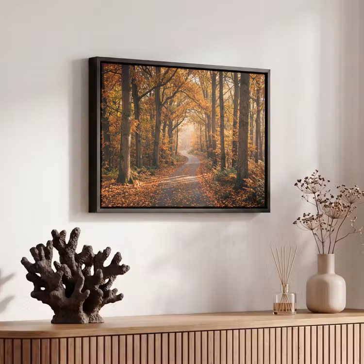 Canvas met lijst - Bospad - Herfstbos - Bladeren - Oranje - Nostalgisch — 6